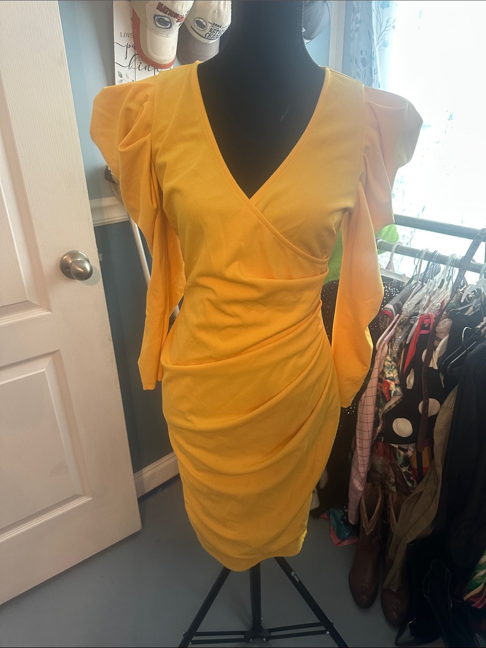 Yellow V-Neck Ruched Women’s Dress